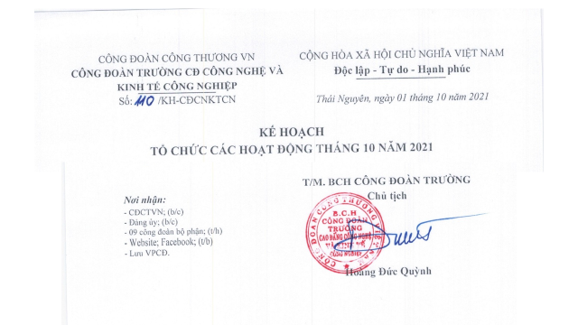 THÔNG BÁO: KẾ HOẠCH TỔ CHỨC CÁC HOẠT ĐỘNG THÁNG 10 NĂM 2021.