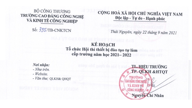 THÔNG BÁO: KẾ HOẠCH TỔ CHỨC HỘI THI THIẾT BỊ ĐÀO TẠO TỰ LÀM CẤP TRƯỜNG NĂM HỌC 2021-2022.