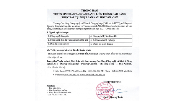 THÔNG BÁO TUYỂN SINH ĐÀO TẠO CAO ĐẲNG, LIÊN THÔNG CAO ĐẲNG THỰC TẬP TẠI NHẬT BẢN NĂM HỌC 2021-2022